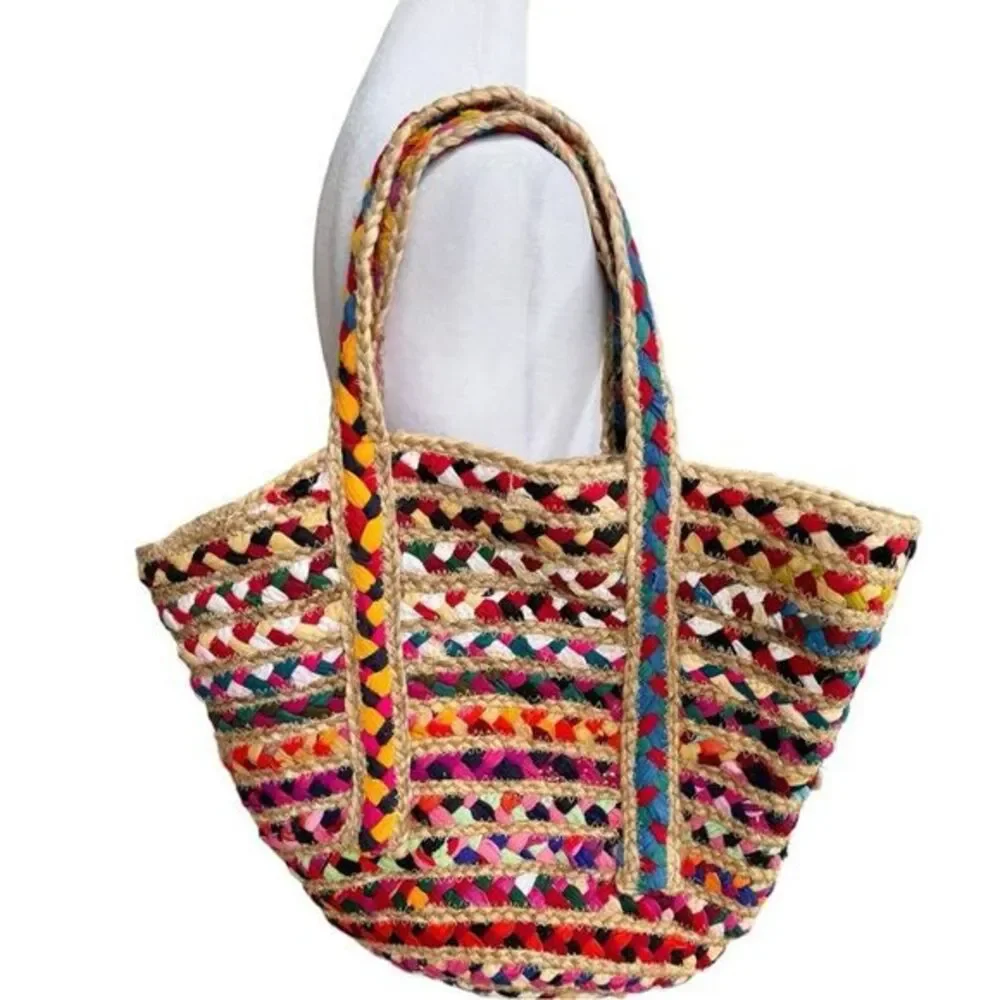 Jute & Cotton Colorful Multicolored Tote Shoulder Bag. - Picture 2 of 6